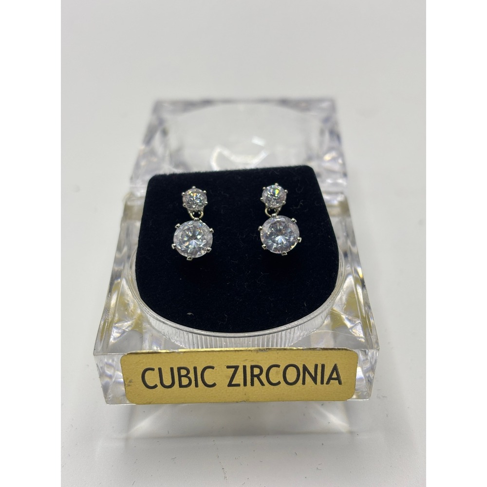 Cubic Zirconia Double Round Drop Earrings Silver‎ Tone Brilliant Cut Dangle